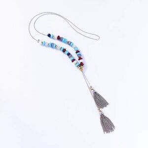 Blue Beaded Tassel Fringe Lariat Long Vintage Silver Pendant Statement Necklace
